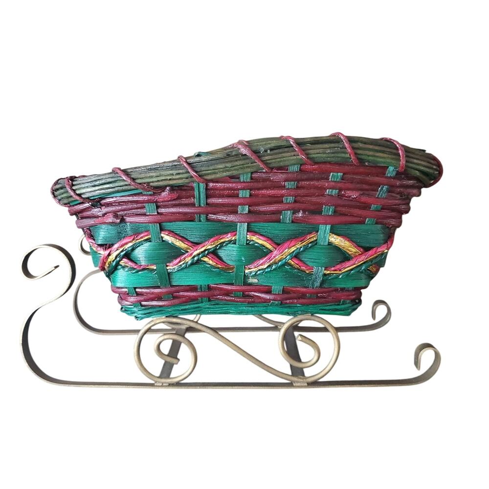 Vintage Holiday Basket Sleigh Sled Wicker Green & Red Weaved Collectible Xmas